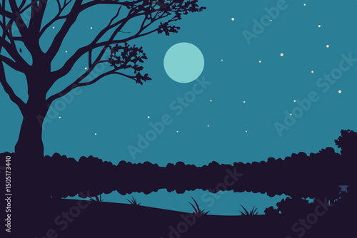 An enchanting, serene moonlit landscape. The scene depicts a tranquil moonlit night over a serene lake. The moon shines, casting a gentle glow. generative AI