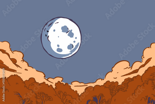 An artistic depiction of a full moon casts a serene glow upon a landscape, where fluffy clouds and tree line frame the celestial body creating a moment of calm and wonder. generative AI