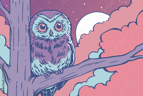An enigmatic owl perched on a tree branch under the night sky, rendered in a distinctive illustration style, exudes an aura of curiosity and wisdom. generative AI