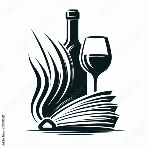 Wine bottle, glass and open book