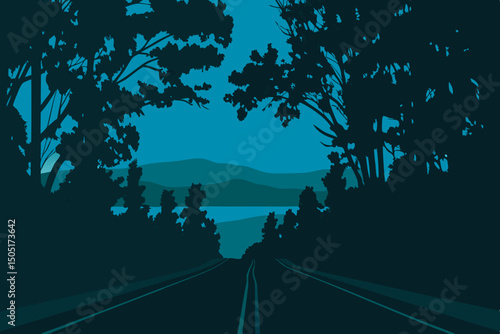 An open road leads the viewer's eye towards a serene mountain lake scene. The road is framed by silhouetted trees. evoking a sense of journey and wonder. generative AI
