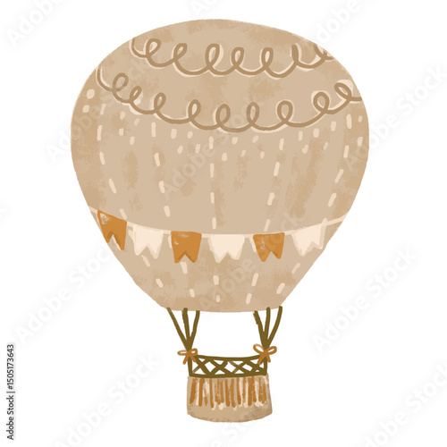 Cute brown beige boho bohemian pastel color scandinavian nordic hot air balloons with bunting flag doodle kids crayon watercolor illustration air transportation design clipart vector sticker