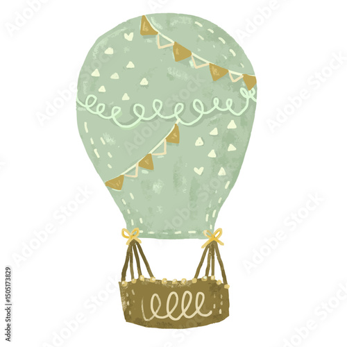 Cute green mint boho bohemian pastel color scandinavian nordic hot air balloons with bunting flag doodle birthday kids crayon watercolor illustration air transportation design clipart vector sticker