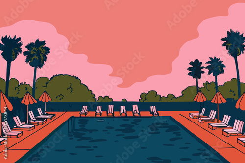 A serene resort pool setting at dusk offers a tranquil escape, featuring rows of lounge chairs and umbrellas set against a backdrop of lush landscaping. generative AI