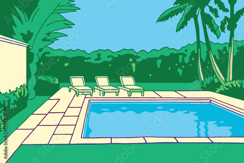An artistic poolside oasis embodies tranquility, presenting a serene getaway with deck chairs and flourishing palm trees beneath a clear sky. generative AI