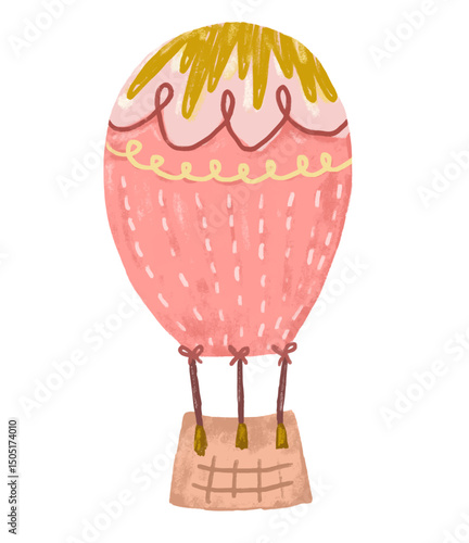 Cute pink peach brown beige boho bohemian pastel color scandinavian nordic hot air balloons with bunting flag doodle kids crayon watercolor illustration air transportation design clipart sticker