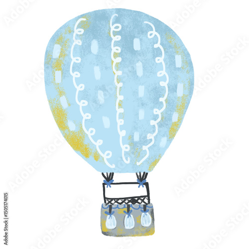Cute blue yellow bohemian boho pastel color scandinavian nordic hot air balloons with bunting flag doodle kids crayon watercolor illustration air transportation design clipart vector sticker