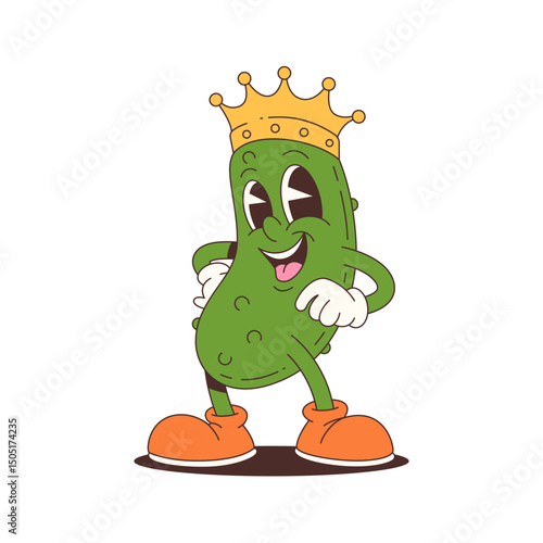 Playful cucumber mascot wearing a crown and orange shoes, designed in cheerful cartoon style. Suitable for food-related branding, advertising, packaging, and children's content. Vector illustration.