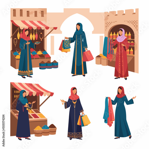 Arab women shopping at market stalls