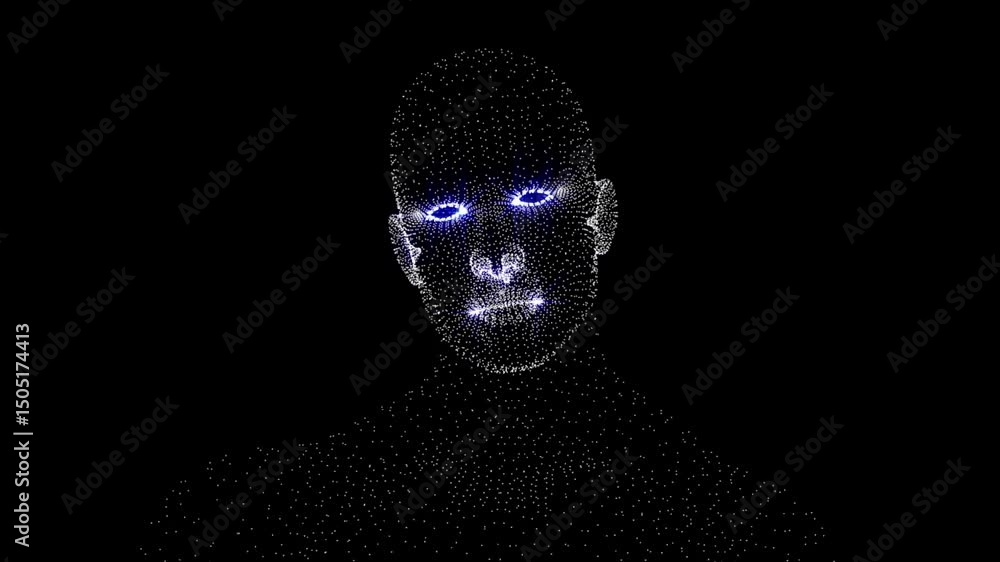 A digital male face composed of glowing points emerges from darkness and speaks. Clean, abstract, and futuristic — ideal for tech visuals, sci-fi themes, and conceptual media.

