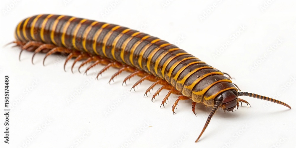 Obraz premium White background macro of a small brown hairy caterpillar, a creature or insect larva isolated for a close-up wildlife shot