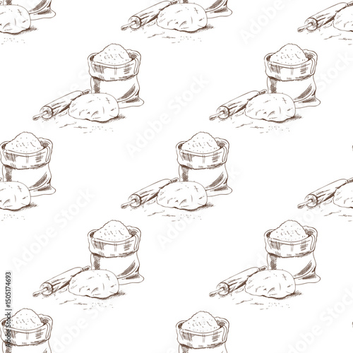 Hand drawn vintage seamless pattern of flour sack with dough and rolling pin in engraving sketch style