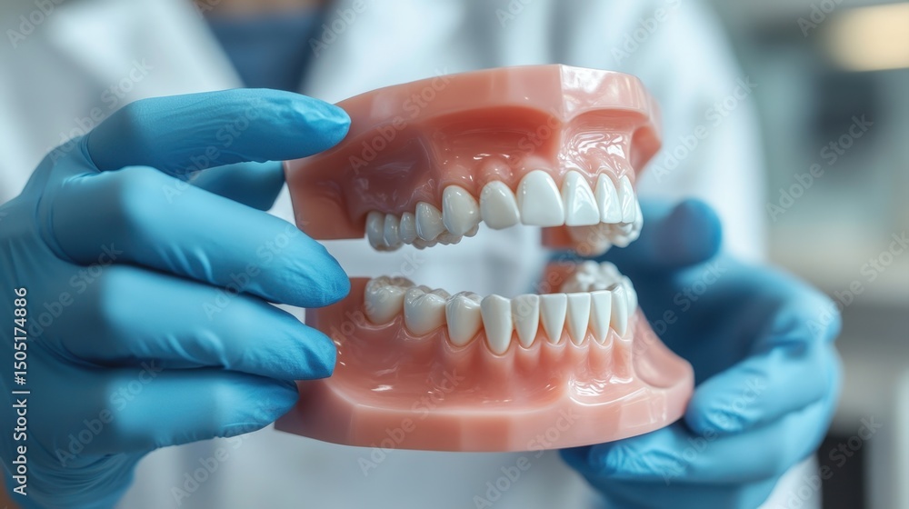 Dentist demonstrating teeth model with blue gloves in dental office for educational purposes Dentist demonstrating teeth model with blue gloves in dental office for educational purposes
