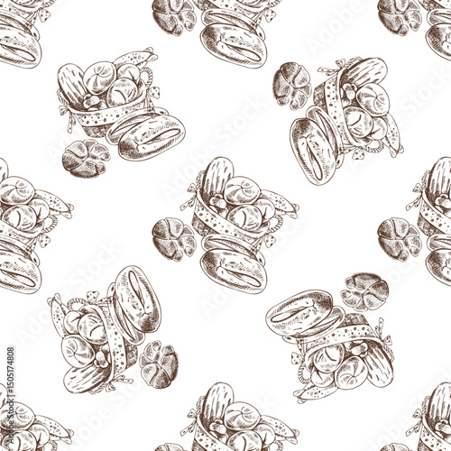 Hand drawn vintage seamless pattern of assorted bread in basket and rolls in engraving sketch style rotation