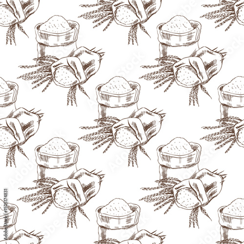 Hand drawn vintage seamless pattern of flour sack with wheat spikes in engraving sketch style in brown ink