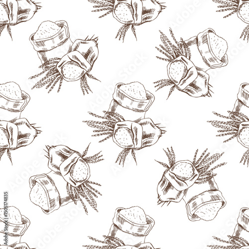 Hand drawn vintage seamless pattern of flour sack with wheat spikes in engraving sketch style in brown ink