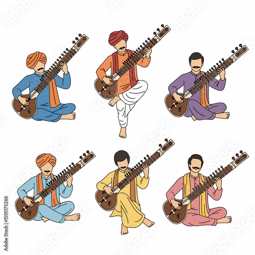 Sitar musicians in traditional Indian dress playing