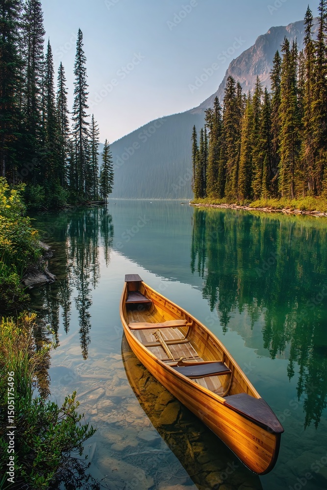 Obraz premium Serene canoe on tranquil lake surrounded by towering pine trees and majestic mountains at dawn