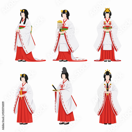 Japanese shrine maiden set in kimono outfit
