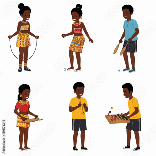 Kids playing traditional African games illustration set