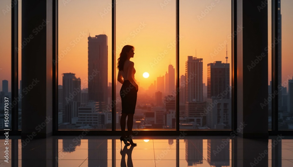 Fototapeta premium A Businesswoman Standing Front of Floor-to-ceiling Window Wall of Indoor Office Space.