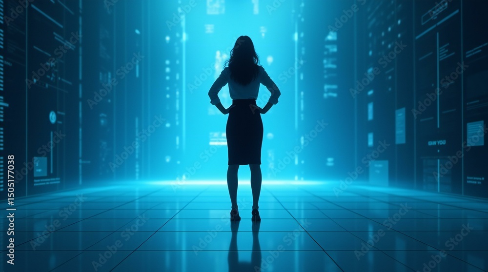 A Businesswoman Standing Front of Big Holographic Screen with Futuristic Graphics. A Businesswoman Standing Front of Big Holographic Screen with Futuristic Graphics.