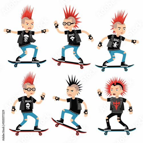 Punk skater characters riding skateboards set