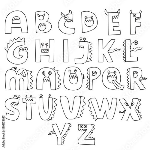 Set of handrawn cute Monster alphabet collection illustration design. 
