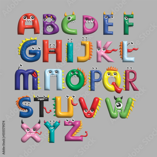 Set of 3d render Monster cute alpabet element stock design
