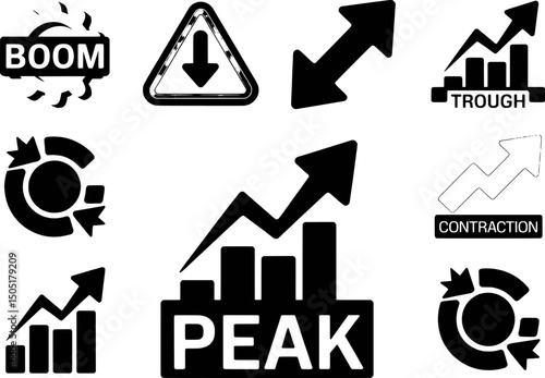 Business growth chart icons peak trough boom contraction