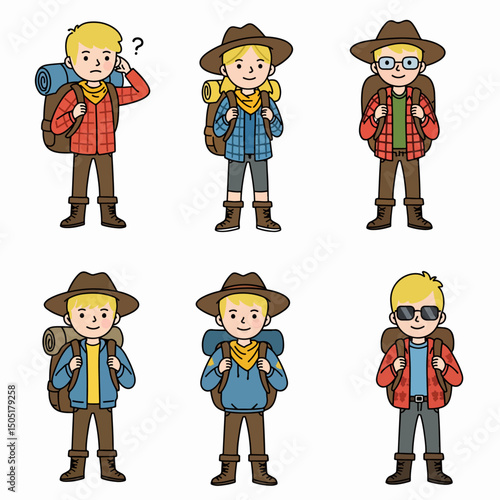 Cartoon backpackers trekking outdoor adventure travel