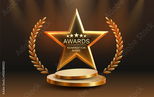 Awards nomination name podium, golden prize event, scene star ceremony. Vector illustration