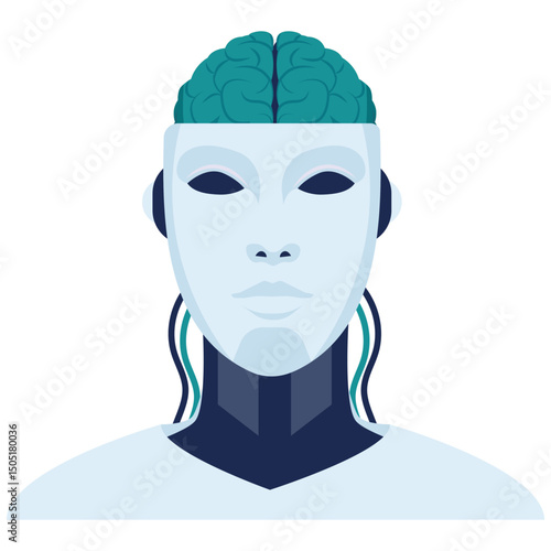 Robotic Element. Vector illustration of A front-facing humanoid robot head with a visible green brain symbolizing advanced artificial intelligence. Isolated on background