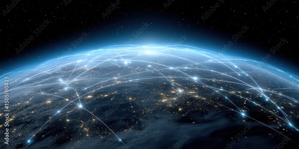 Obraz premium A digital representation of Earth with glowing connections depicting global connectivity.