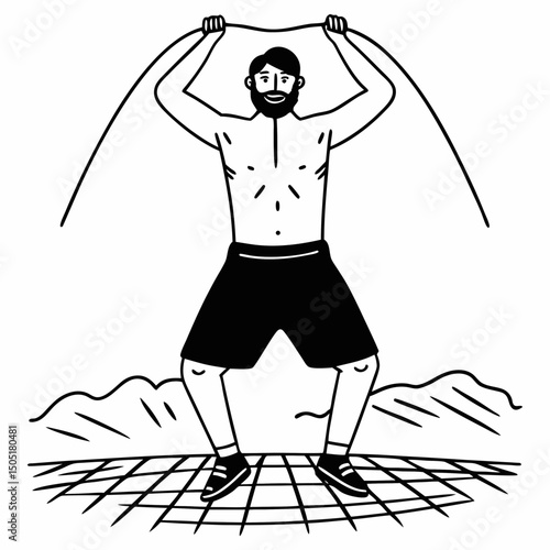 Bearded man doing jumping jacks – fitness line art