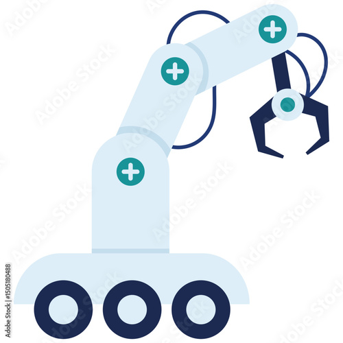 Robotic Element. Vector illustration of A mechanical robotic arm on wheels with a claw used for industrial automation tasks. Isolated on background