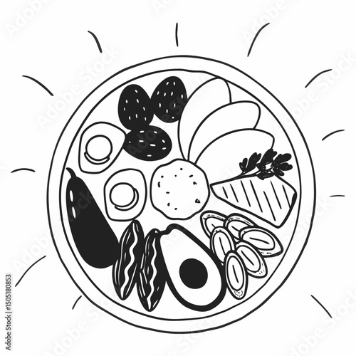 Fitness plate with balanced healthy fat portion illustration