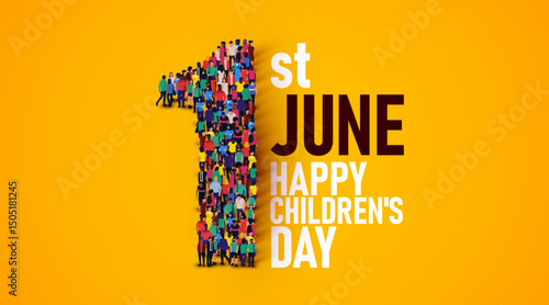 Happy children's day concept poster. Large group of people stands in the shape of the number 1. 1st of June.