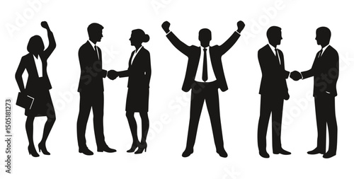 Silhouette Of People Business Businessman  Businesswoman Vector Set Collection For Career Success Work And Job Handshake Teamwork Business Happy Pose Isolated Silhouettes
