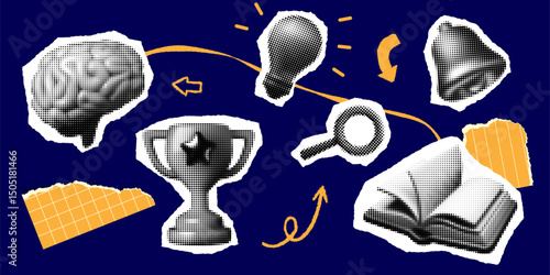 Halftone school collage elements. Vector paper sticker design, brain, lightbulb, magnifying glass, book, bell and trophy. Poster background template. Newspaper torn pieces