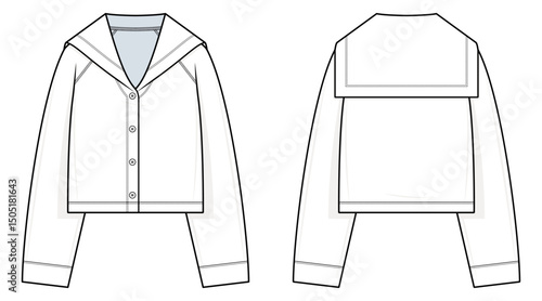 Sailor Collar Cropped Jacket Technical Fashion Illustration. Long Sleeve Boxy Jacket Vector Template. Front and Back View. Button Closure. Nautical-Inspired Outerwear. Women’s Wear. CAD Mockup set.