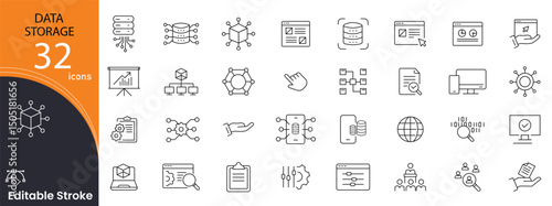 Data storage related icons set. Including cloud, database, server, hard drive, backup, file, archive, and memory. Editable stroke. outline icons.