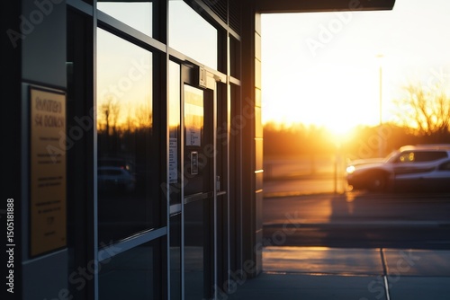 Sunrise reflection on modern building glass facade