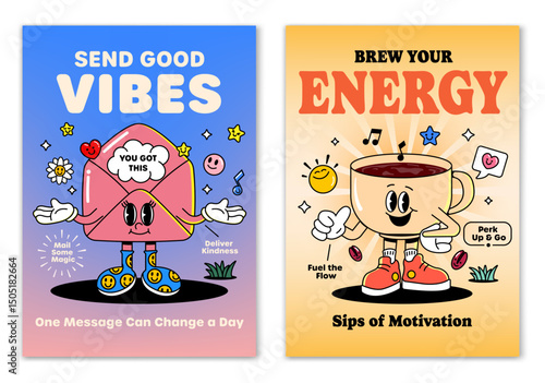 Retro cartoon smiled Envelope and Cup of Coffee mascot character surrounded by smiled elements and motivation lettering. Illustration for t-shirt print or poster design. Vector illustration