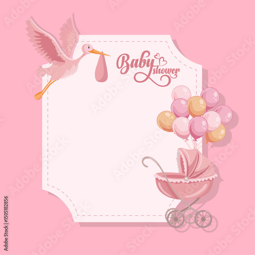 Pink baby shower greetinf card with cute stroller and stork delivers baby