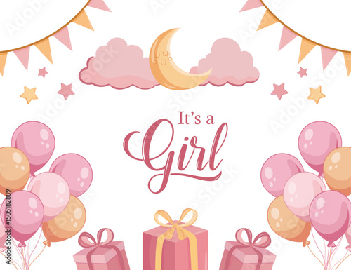 Its a girl Baby shower background Cute pink sky elements Party illustrations