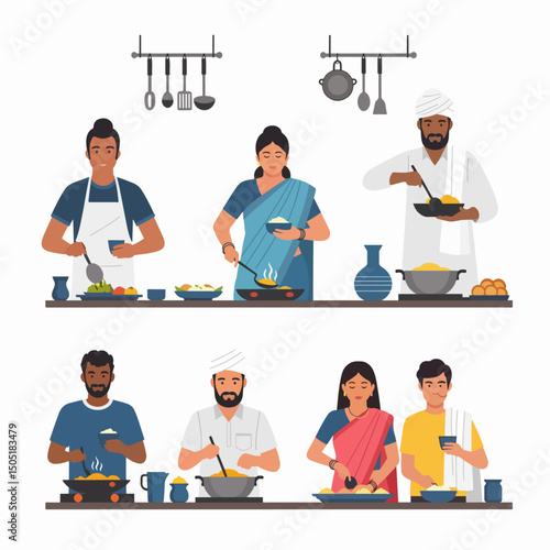 People cooking traditional food together in kitchen