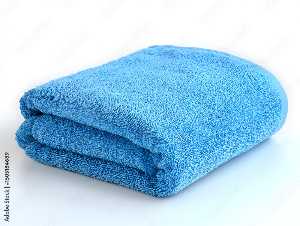 Soft blue bath towels, clean and folded, are stacked on a white background, isolated for hygiene and spa use Soft blue bath towels, clean and folded, are stacked on a white background, isolated for hygiene and spa use
