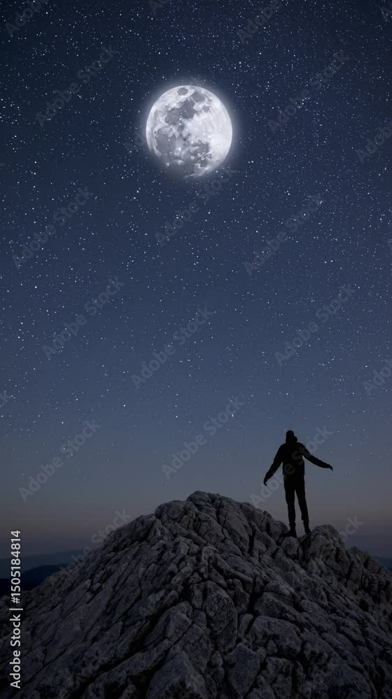 Stunning night sky full moon view and gazing stars person peak of the mountain Stunning night sky full moon view and gazing stars person peak of the mountain