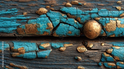 Close-up macro of cracked turquoise paint on aged wood, detailed surface texture and color variation